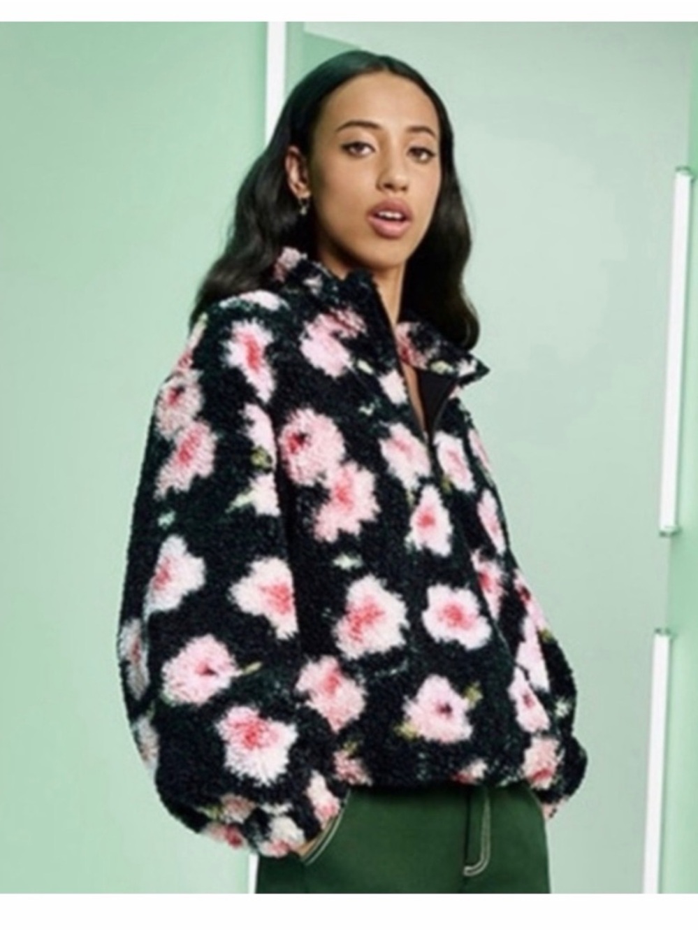 Sandy Liang for Target Black Teddy Jacket with Pink Floral Print